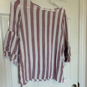 Striped Ruffle Sleeve Top - Pink and White